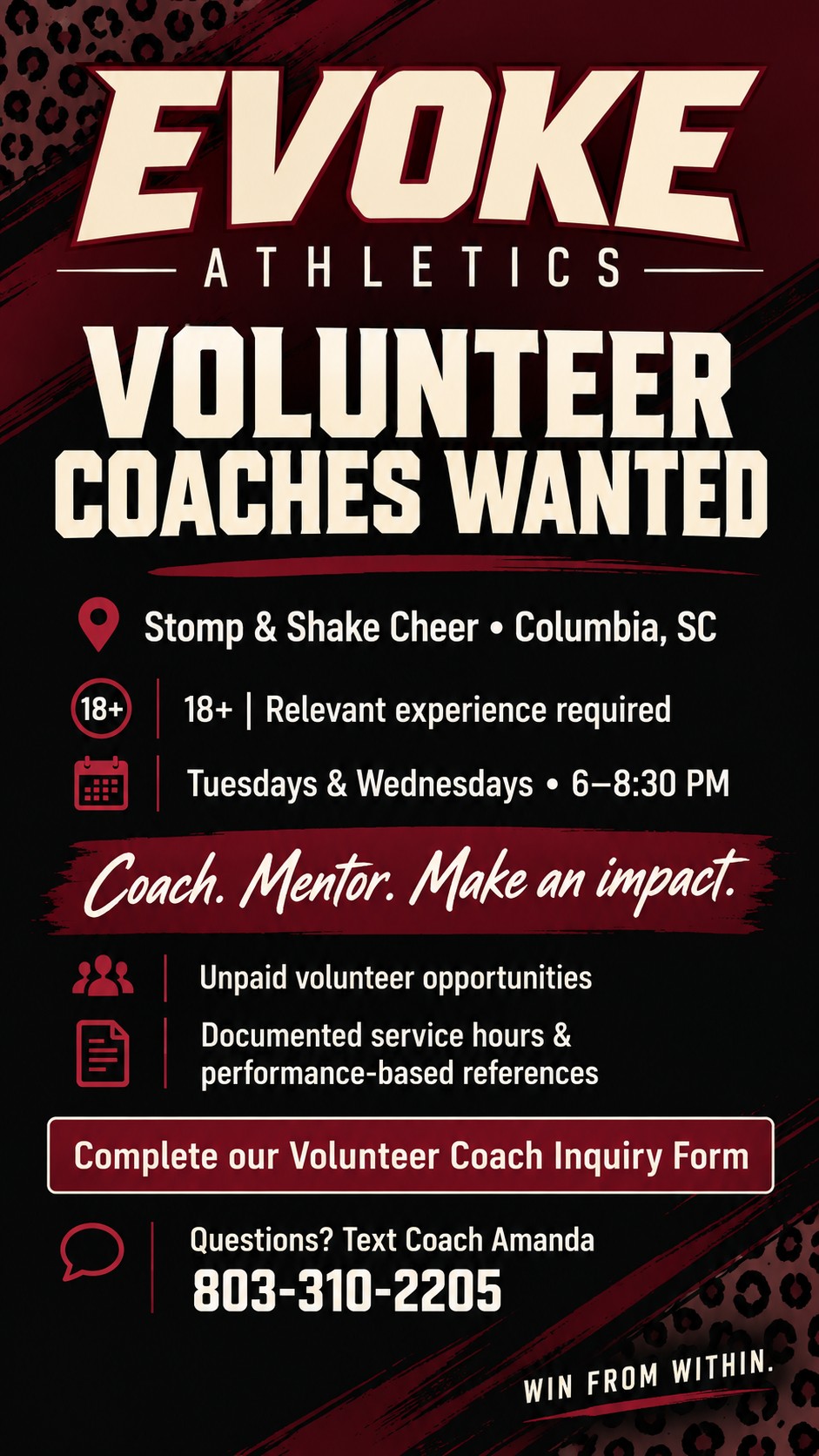Evoke Athletics volunteer coaches wanted: 18+, relevant experience, Tuesdays and Wednesdays 6–8:30 PM in Columbia. Text 803-310-2205.