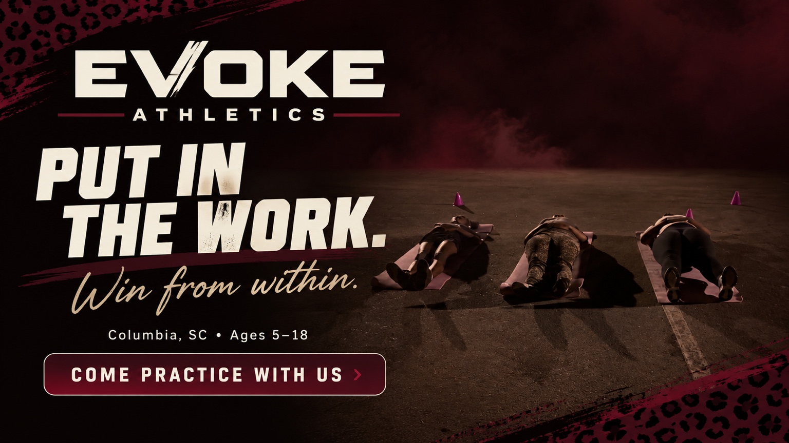 Put in the work. Evoke Athletics conditioning. Come practice with us. Columbia, SC, ages 5–18.
